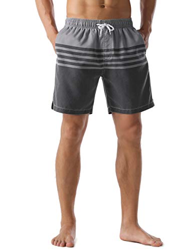 Nonwe Men's Surf Shorts Strip Casual Fit Soft Washed Drawstring Beach Trunk Gray 30