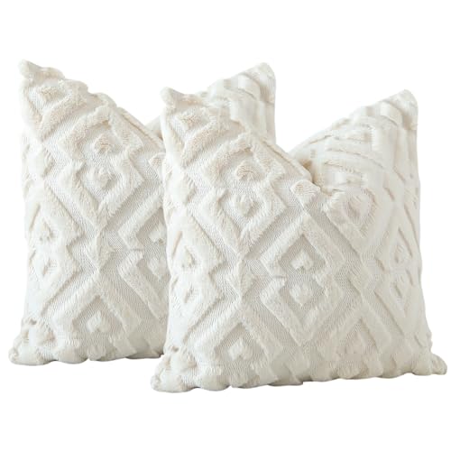 Artscope Set of 2 Decorative Throw Pillow Covers 16x16, Soft Plush Faux Wool Velvet Pillow Covers for Sofa Bedroom, Beige