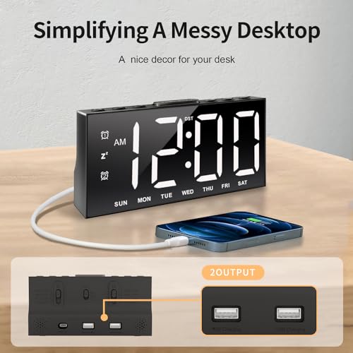 Digital Alarm Clock with Large Display Big Bold Numbers, Dimmer, 2 USB Charging Ports, Snooze, Small Table Desk Clock for Bedroom, Living Room, Clock for Heavy Sleepers