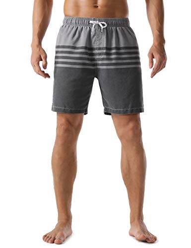 Nonwe Men's Surf Shorts Strip Casual Fit Soft Washed Drawstring Beach Trunk Gray 30