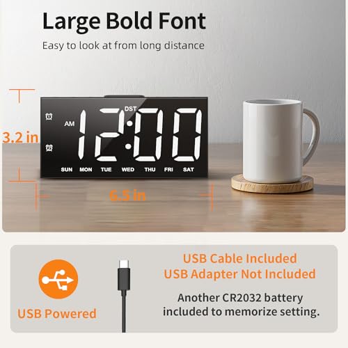 Digital Alarm Clock with Large Display Big Bold Numbers, Dimmer, 2 USB Charging Ports, Snooze, Small Table Desk Clock for Bedroom, Living Room, Clock for Heavy Sleepers