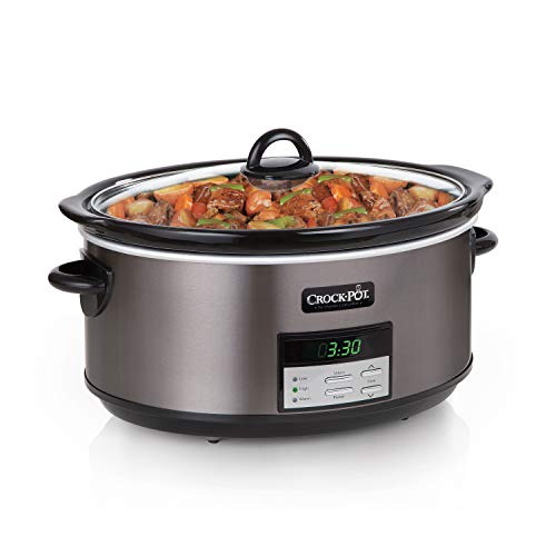 Crock-Pot Large 8 Quart Programmable Slow Cooker with Auto Warm Setting and Cookbook, Black Stainless Steel (Pack of 1)