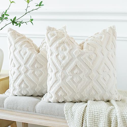 Artscope Set of 2 Decorative Throw Pillow Covers 16x16, Soft Plush Faux Wool Velvet Pillow Covers for Sofa Bedroom, Beige