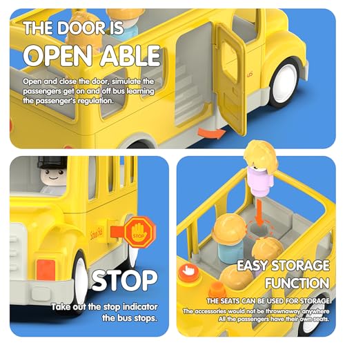 Veslier School Bus Toys with 5 Play Figures for Toddlers, Kids Car Toy with Lights & Sounds, Truck with Door Opening Function &Stop Sign, Birthday Gift for 18M+ 2 3 4 5 Year Old Boys.