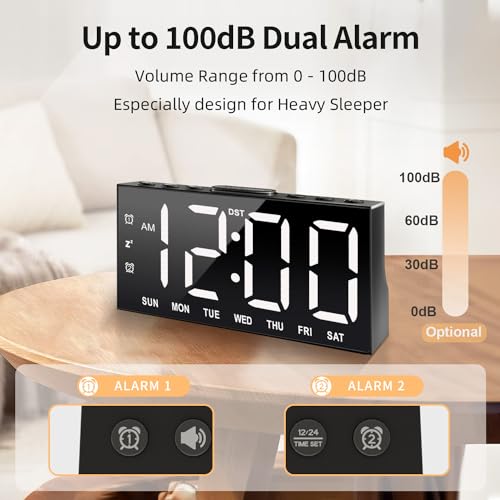 Digital Alarm Clock with Large Display Big Bold Numbers, Dimmer, 2 USB Charging Ports, Snooze, Small Table Desk Clock for Bedroom, Living Room, Clock for Heavy Sleepers