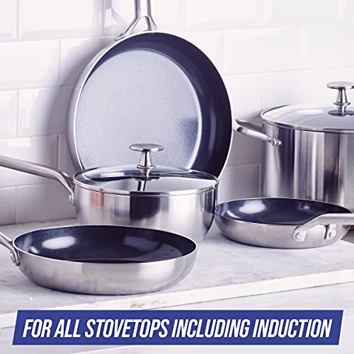 Blue Diamond Cookware Tri-Ply Stainless Steel Ceramic Nonstick, 11 Piece Cookware Pots and Pans Set, PFAS-Free, Multi Clad, Induction, Dishwasher Safe, Oven Safe, Silver
