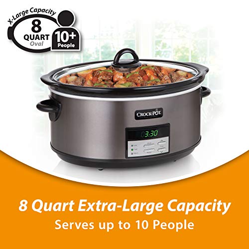Crock-Pot Large 8 Quart Programmable Slow Cooker with Auto Warm Setting and Cookbook, Black Stainless Steel (Pack of 1)