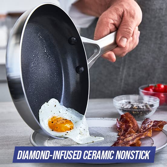 Blue Diamond Cookware Tri-Ply Stainless Steel Ceramic Nonstick, 11 Piece Cookware Pots and Pans Set, PFAS-Free, Multi Clad, Induction, Dishwasher Safe, Oven Safe, Silver