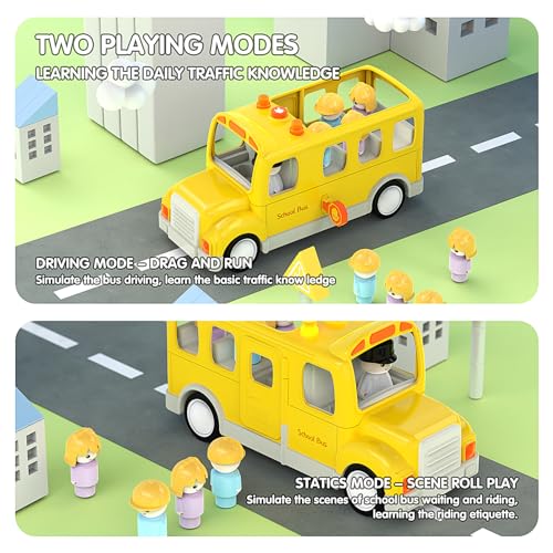 Veslier School Bus Toys with 5 Play Figures for Toddlers, Kids Car Toy with Lights & Sounds, Truck with Door Opening Function &Stop Sign, Birthday Gift for 18M+ 2 3 4 5 Year Old Boys.