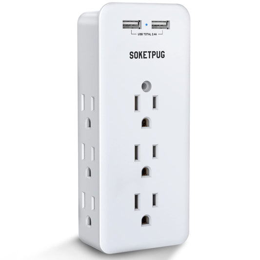 Surge Protector Outlet Extender, USB Wall Charger, SOKETPUG Multi Plug Outlet with 2 USB Charging Ports(Smart 2.4A Total), 9 AC Outlet Splitter Mountable, 3 Sided Plug Extender, Dorm Room Essentials