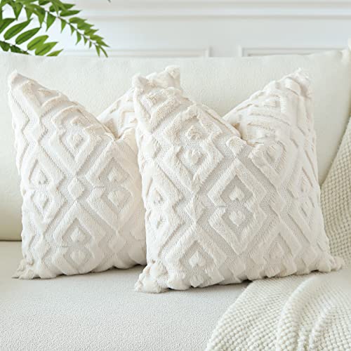 Artscope Set of 2 Decorative Throw Pillow Covers 16x16, Soft Plush Faux Wool Velvet Pillow Covers for Sofa Bedroom, Beige