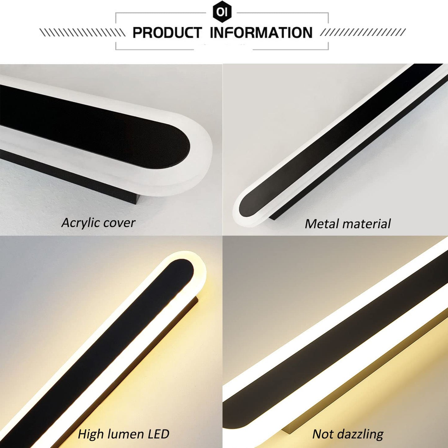 Maxziller 16inch Long Modern 2Pack LED Wall Light,24W Warm White 110V led Wall Mount Lighting Fixture Rectangular Black Wall Lights Elegant Frosted White Acrylic Anti Rust