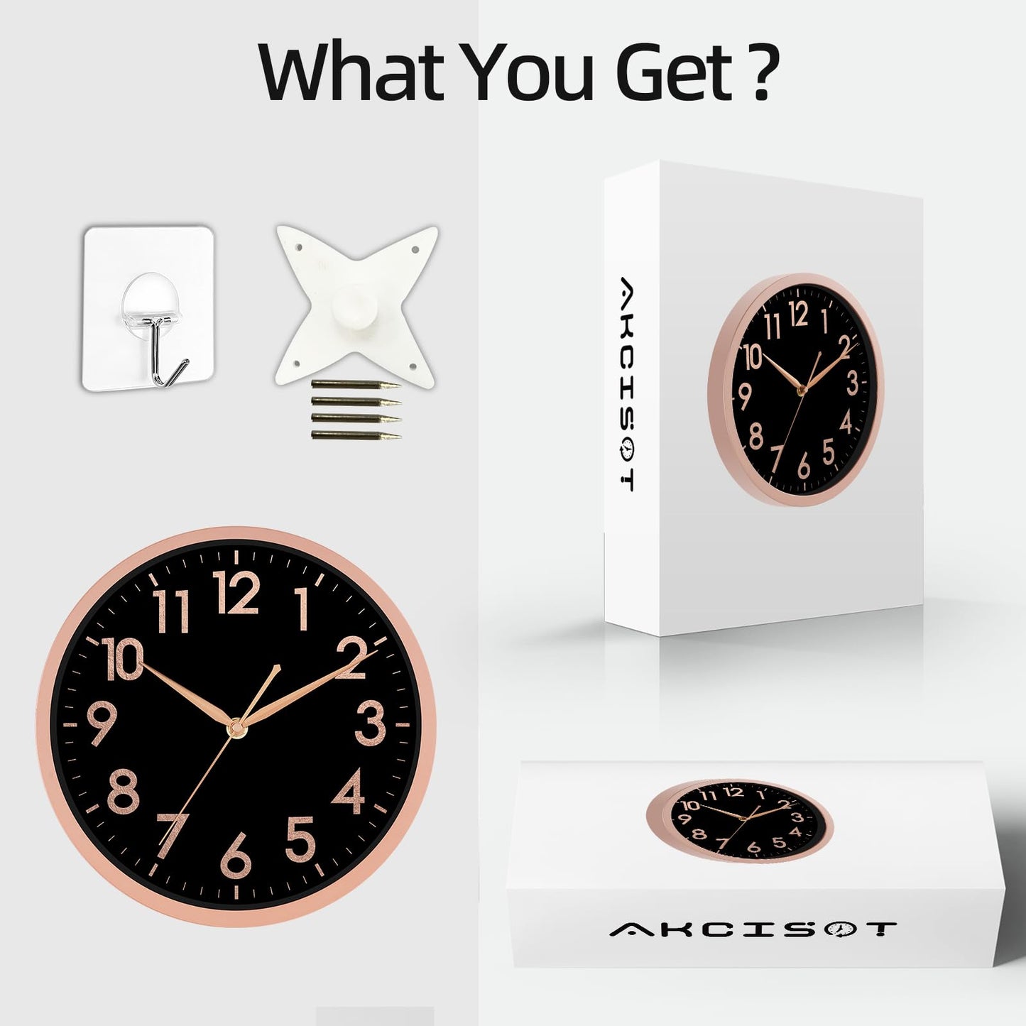 AKCISOT 14 Inch Wall Clock, Modern Large Wall Clocks Battery Operated, Analog Silent Non Ticking Clock Decorate for Living Room, Office, Bedroom, Bathroom, Kitchen(Rose Gold Black)