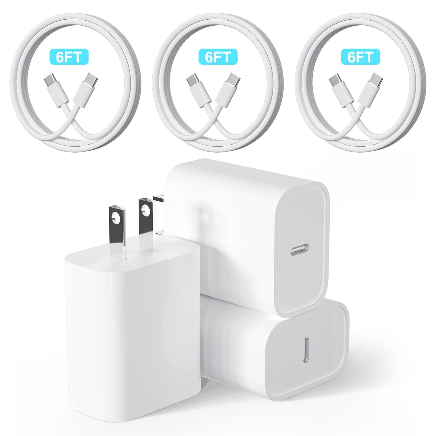 3 Pack 20W Charger USB C Wall Fast Charger Adapter with 6FT Type C Cable