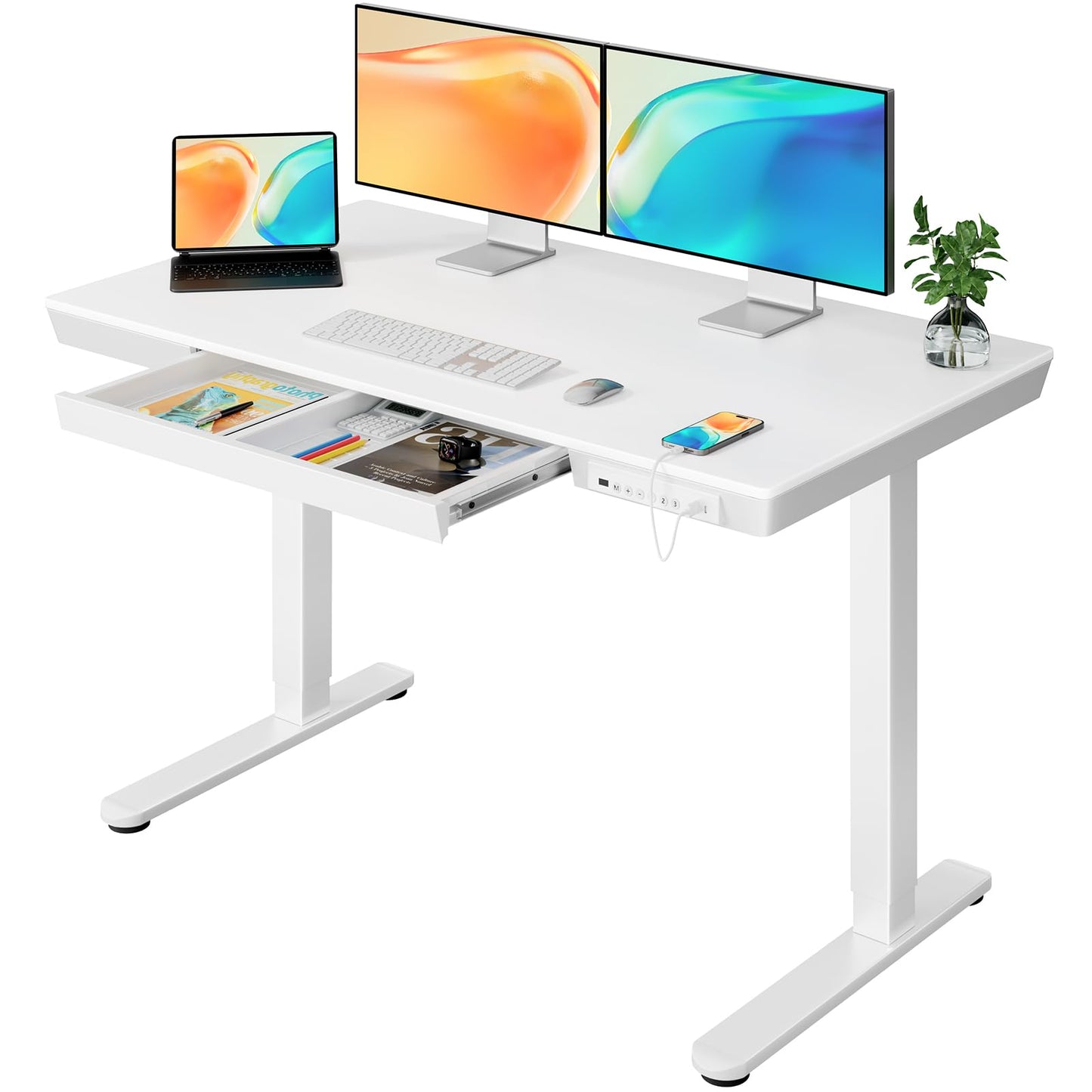 ErGear Standing Desk with Drawer, 48x24 inch Adjustable Desk, Electric Standing Desk with Charging Ports