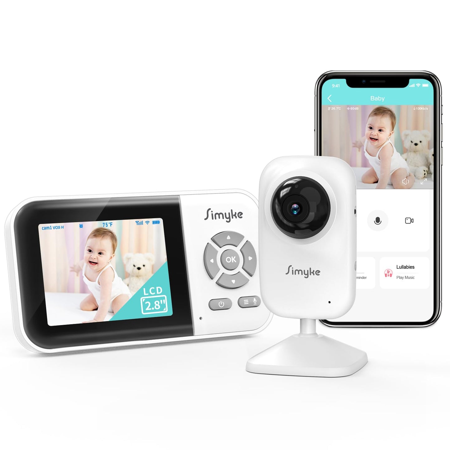 Simyke Upgrate Video Baby Monitor,WiFi Baby Camera,2.8" Display and App Control,1200ft Long Range,2 Way Talk,Auto Night Vision,Sound Alert,VOX,Temperature Sensor 5 Lullabies Feeding Remind,Home Use
