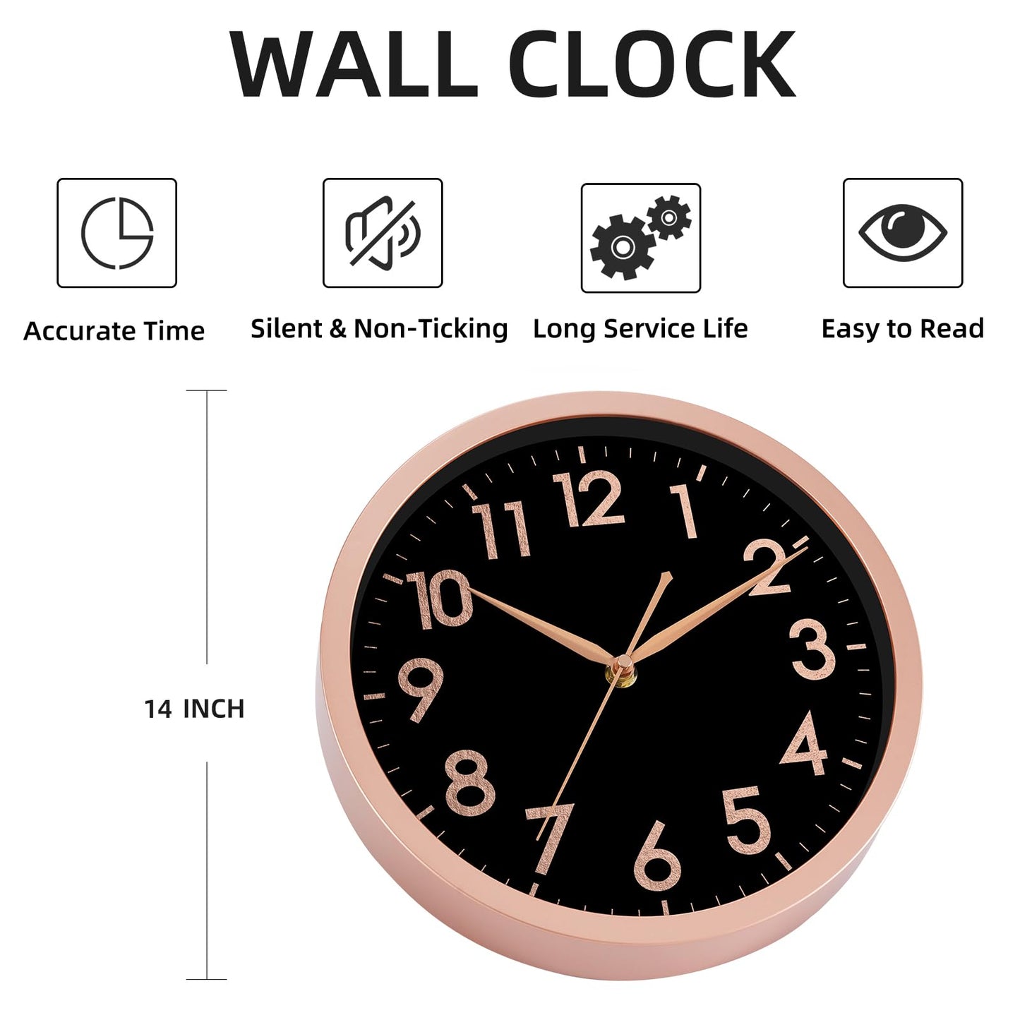 AKCISOT 14 Inch Wall Clock, Modern Large Wall Clocks Battery Operated, Analog Silent Non Ticking Clock Decorate for Living Room, Office, Bedroom, Bathroom, Kitchen(Rose Gold Black)