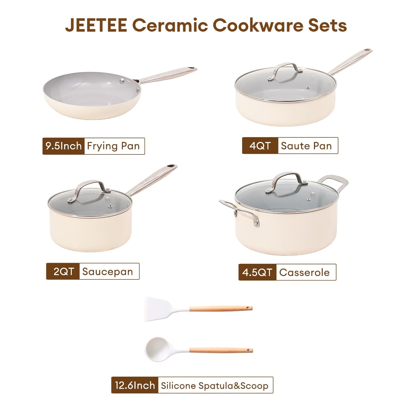JEETEE Ceramic Cookware Set, White Pots and Pans Set Nonstick,7 PCS Kitchen Induction Sets, PTFE & PFOA Free, Oven Safe, Compatible with All Stoves- Cream