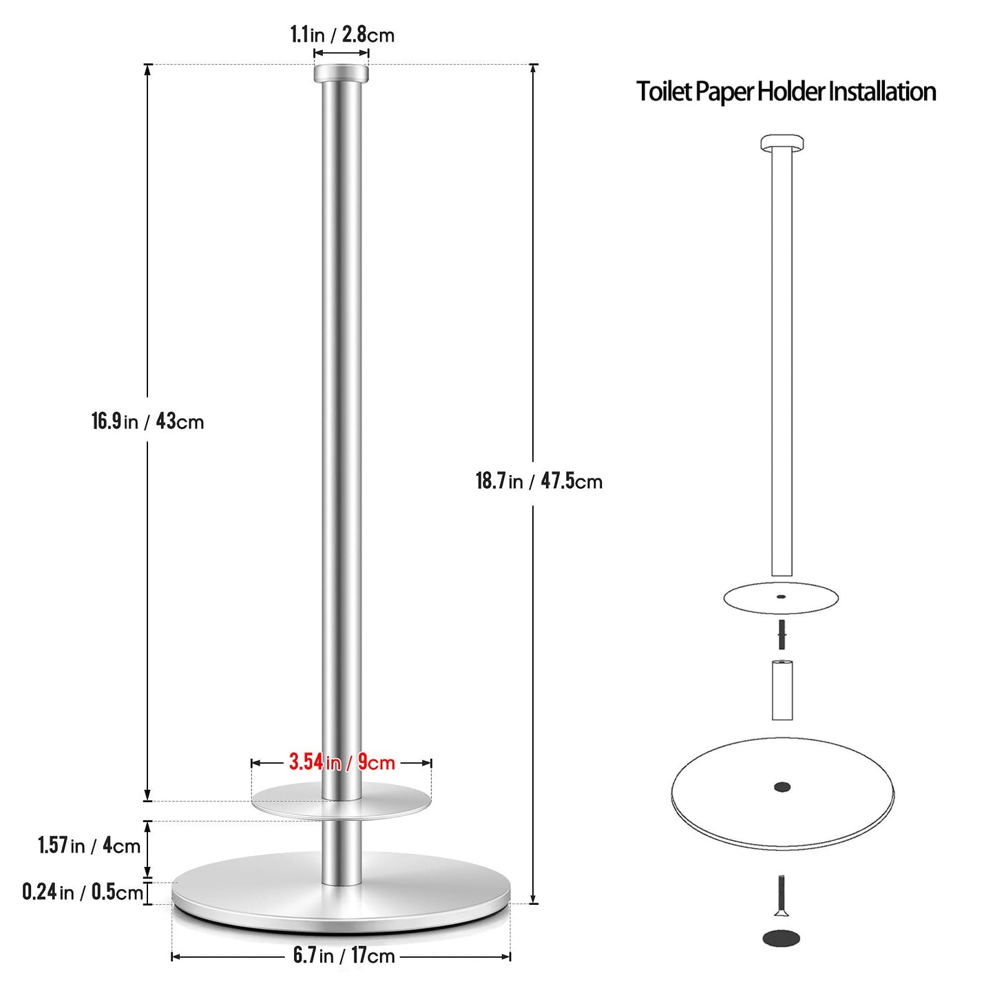 Toilet Paper Holder, Stainless Steel Bathroom Toilet Paper Holder Stand, Space-Saving Toilet Paper Roll Holder, Free Standing Toilet Paper Holder with Non-Slip Stable Base (Silver)