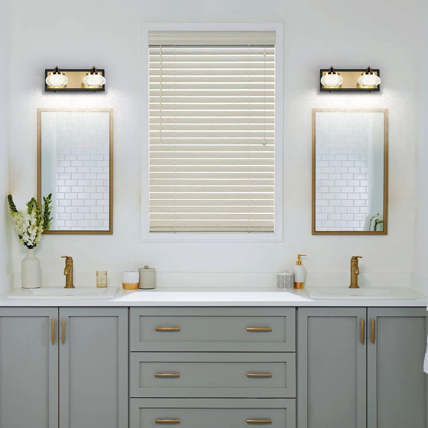 7Degobii 2-Light Bathroom Vanity Light Fixture Over Mirror Modern LED Acrylic Wall Lights for Bathroom 12" Inch Long Dimmable Black and Gold Color 4000K 10W 110V AC.