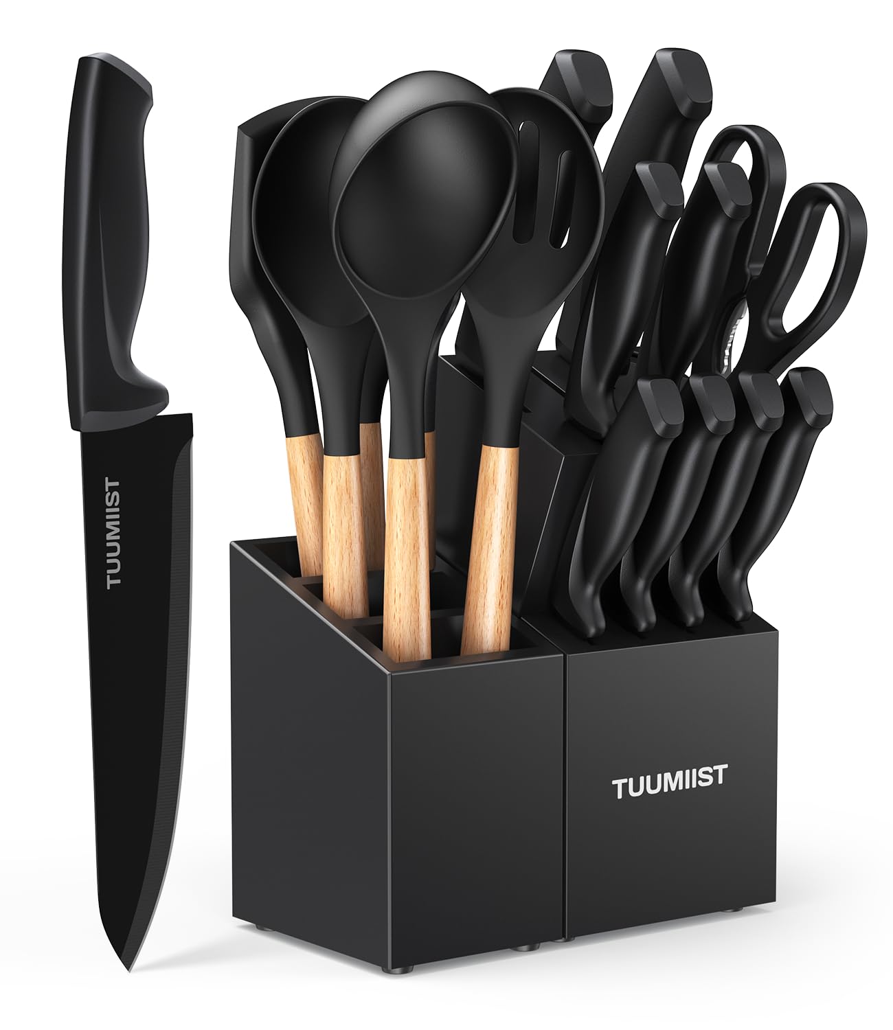 18-Piece Knife Set with Block, Sharpener, Silverware Set, and Removable Magnetic Utensil Holder