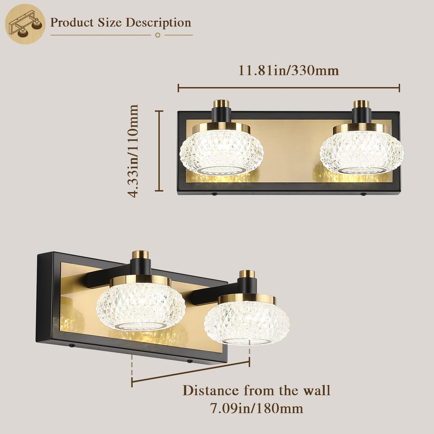 7Degobii 2-Light Bathroom Vanity Light Fixture Over Mirror Modern LED Acrylic Wall Lights for Bathroom 12" Inch Long Dimmable Black and Gold Color 4000K 10W 110V AC.
