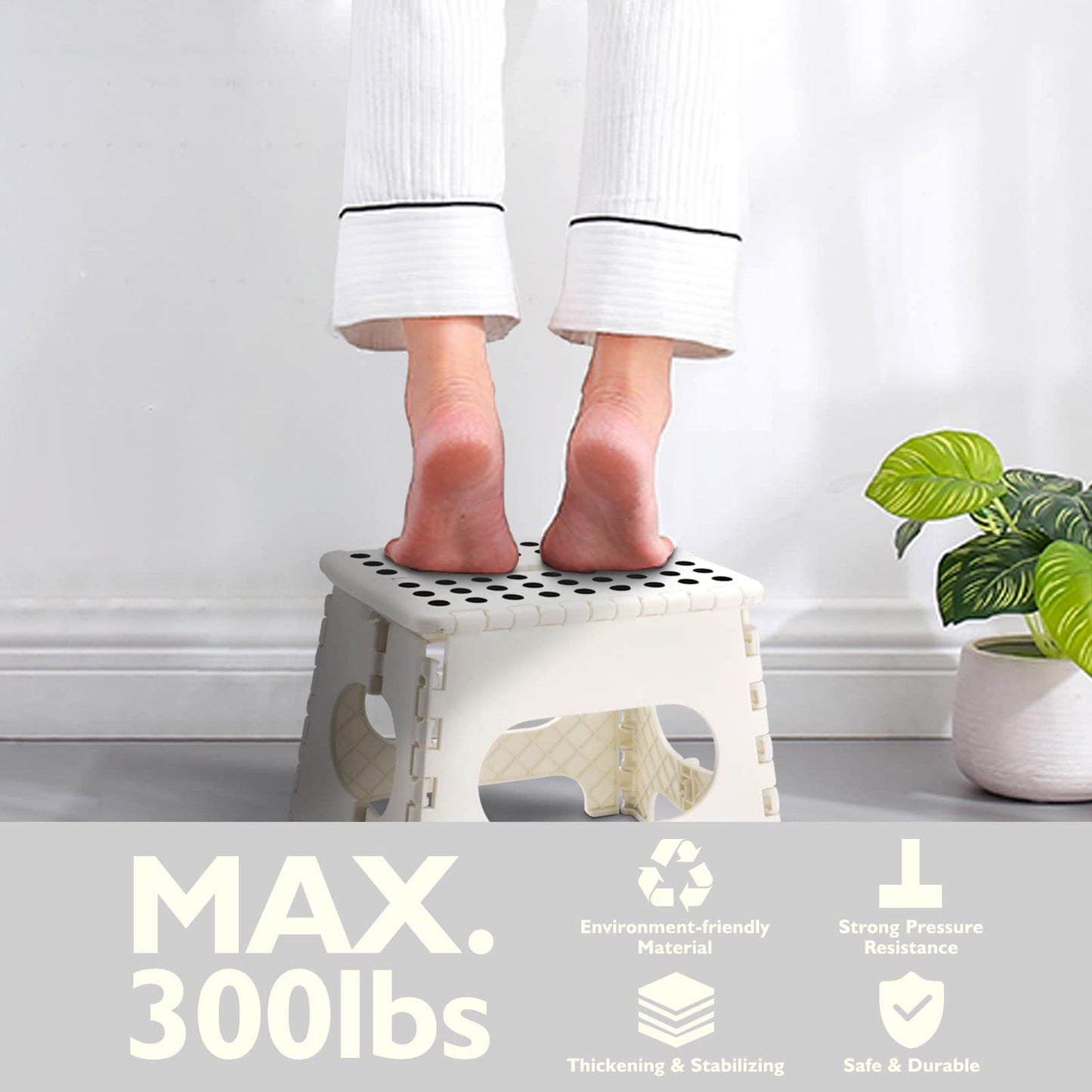SUGARLEE Folding Step Stool, 11" Anti-Skid Step Stool with Handle,Sturdy Enough to Hold 300 Lb Plastic Foldable Step Stool for Kids-Lightweight Foot Stool for Kitchen, Bathroom, Bedroom (White)