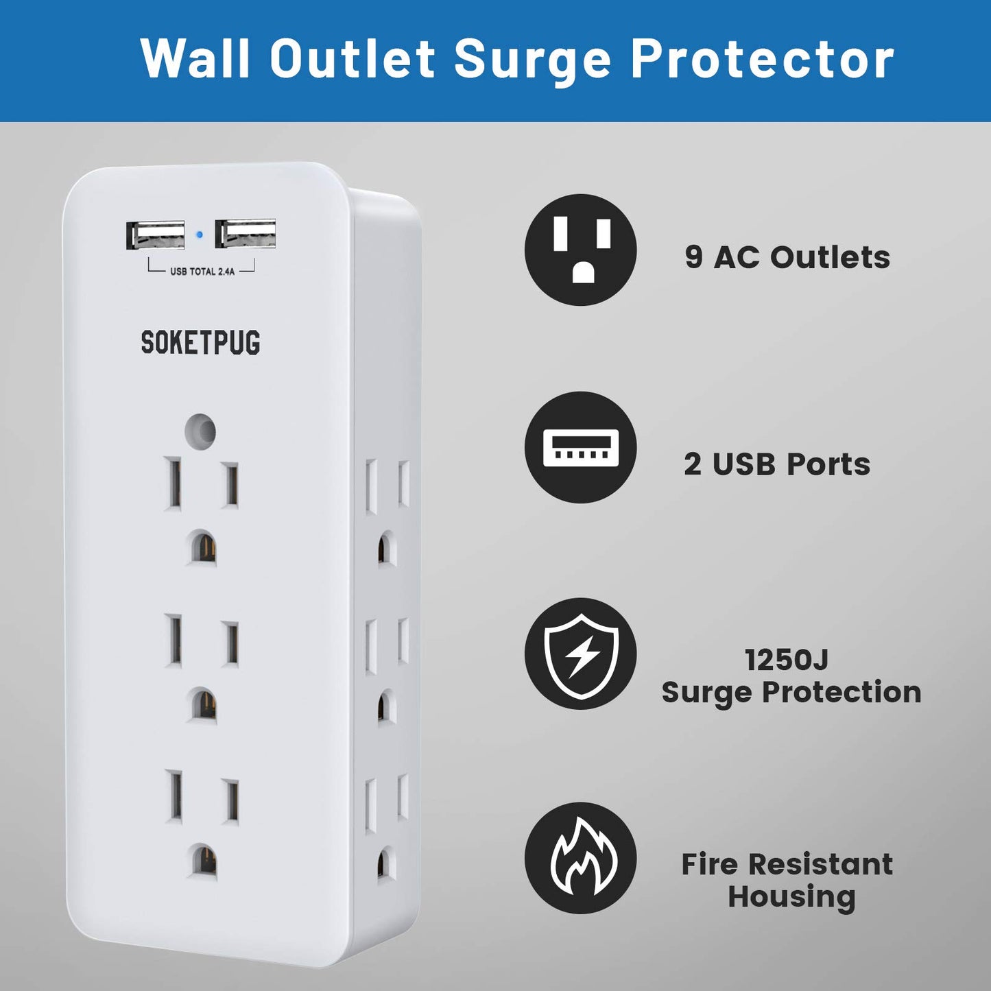Surge Protector Outlet Extender, USB Wall Charger, SOKETPUG Multi Plug Outlet with 2 USB Charging Ports(Smart 2.4A Total), 9 AC Outlet Splitter Mountable, 3 Sided Plug Extender, Dorm Room Essentials