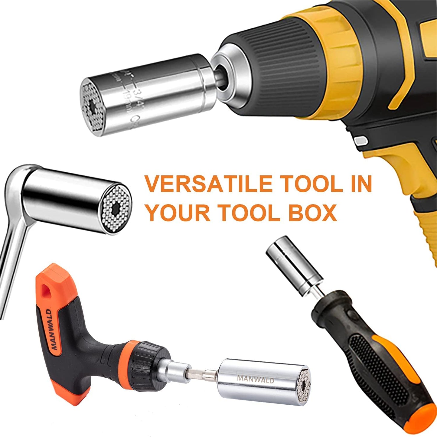 Universal Socket Tools, Christmas Gifts for Men, Self-Adjusting Socket Fits Standard 1/4'' - 3/4'' Metric 7mm-19mm with Power Drill Adapter 2Pc Set, Stocking Stuffers Gifts for Men, Dad, Husband