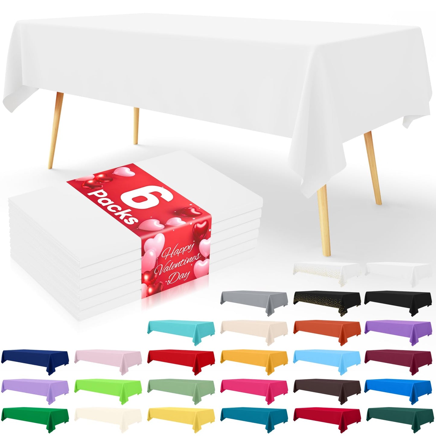 Disposable Table Cloth - 6 Pack, 54 x 108 Inch Table Cloths for Parties, White