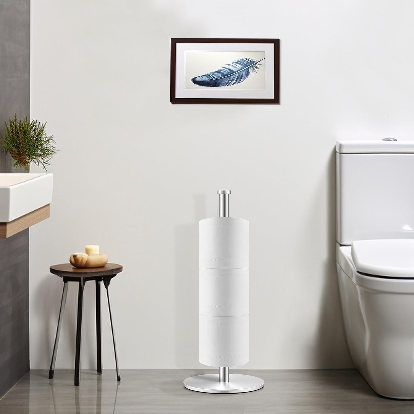 Toilet Paper Holder, Stainless Steel Bathroom Toilet Paper Holder Stand, Space-Saving Toilet Paper Roll Holder, Free Standing Toilet Paper Holder with Non-Slip Stable Base (Silver)