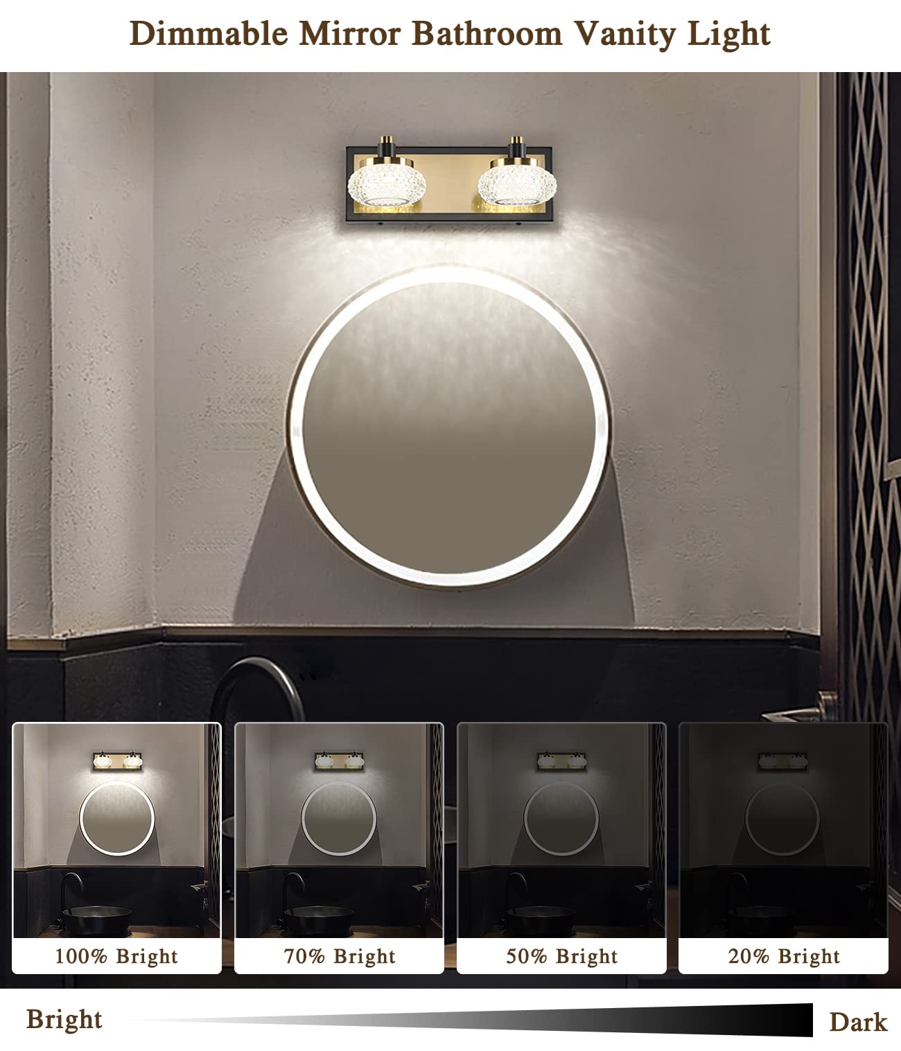 7Degobii 2-Light Bathroom Vanity Light Fixture Over Mirror Modern LED Acrylic Wall Lights for Bathroom 12" Inch Long Dimmable Black and Gold Color 4000K 10W 110V AC.