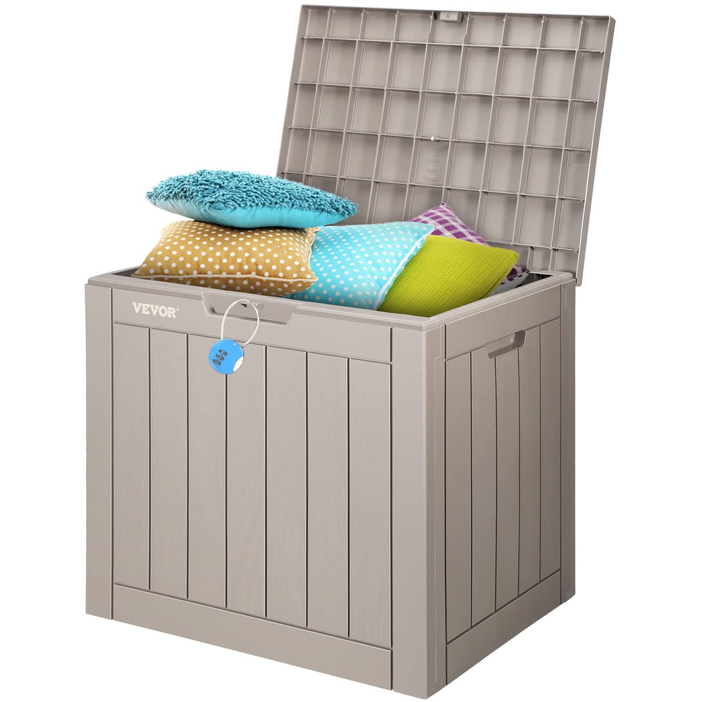 VEVOR Deck Box, 31 Gallon Outdoor Storage Box, 22.1" x 17.1" x 20.9", Waterproof PP Deckbox with Aluminum Alloy Padlock, for Patio Furniture, Pool Toys, Garden Tools, Outdoor Cushions, Gray