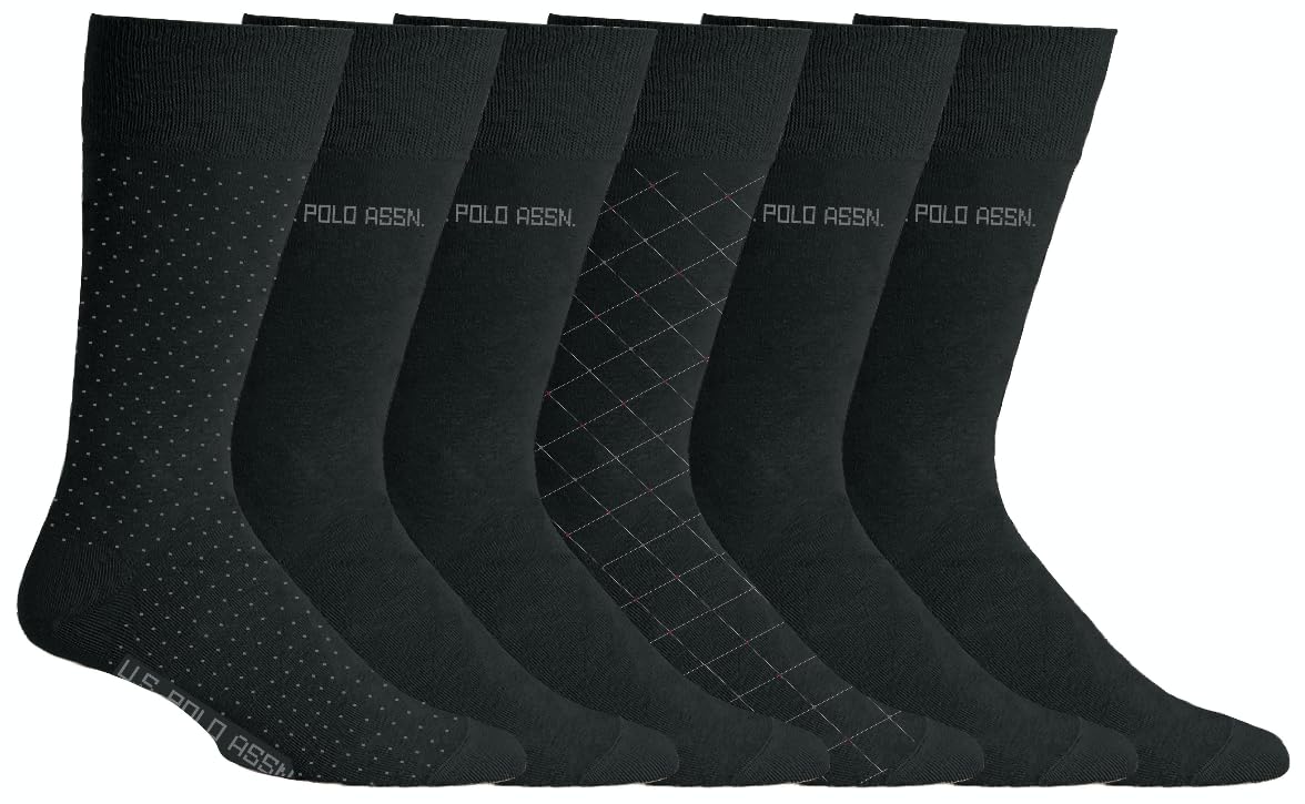 U.S. Polo Assn. 6 Pair Men's Crew Length Soft Dress Socks - Breathable & Moisture Control Socks for Indoor or Outdoor Wear, BLK 6353 (Shoe Size 6-12)