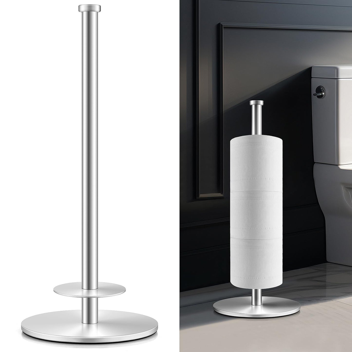 Toilet Paper Holder, Stainless Steel Bathroom Toilet Paper Holder Stand, Space-Saving Toilet Paper Roll Holder, Free Standing Toilet Paper Holder with Non-Slip Stable Base (Silver)