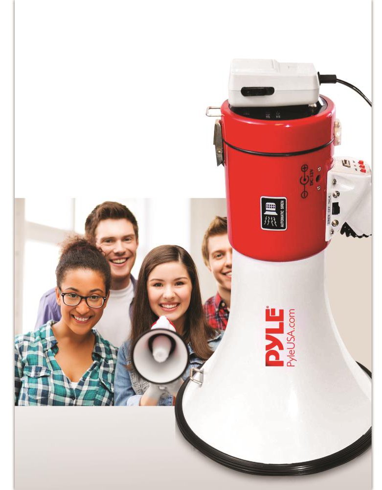Pyle Megaphone Speaker PA Bullhorn - with Built-in Siren 50 Watts Adjustable Volume Control & Record Function - Ideal for Football, Baseball, Cheerleading Fans, Coaches or for Safety Drills PMP58U