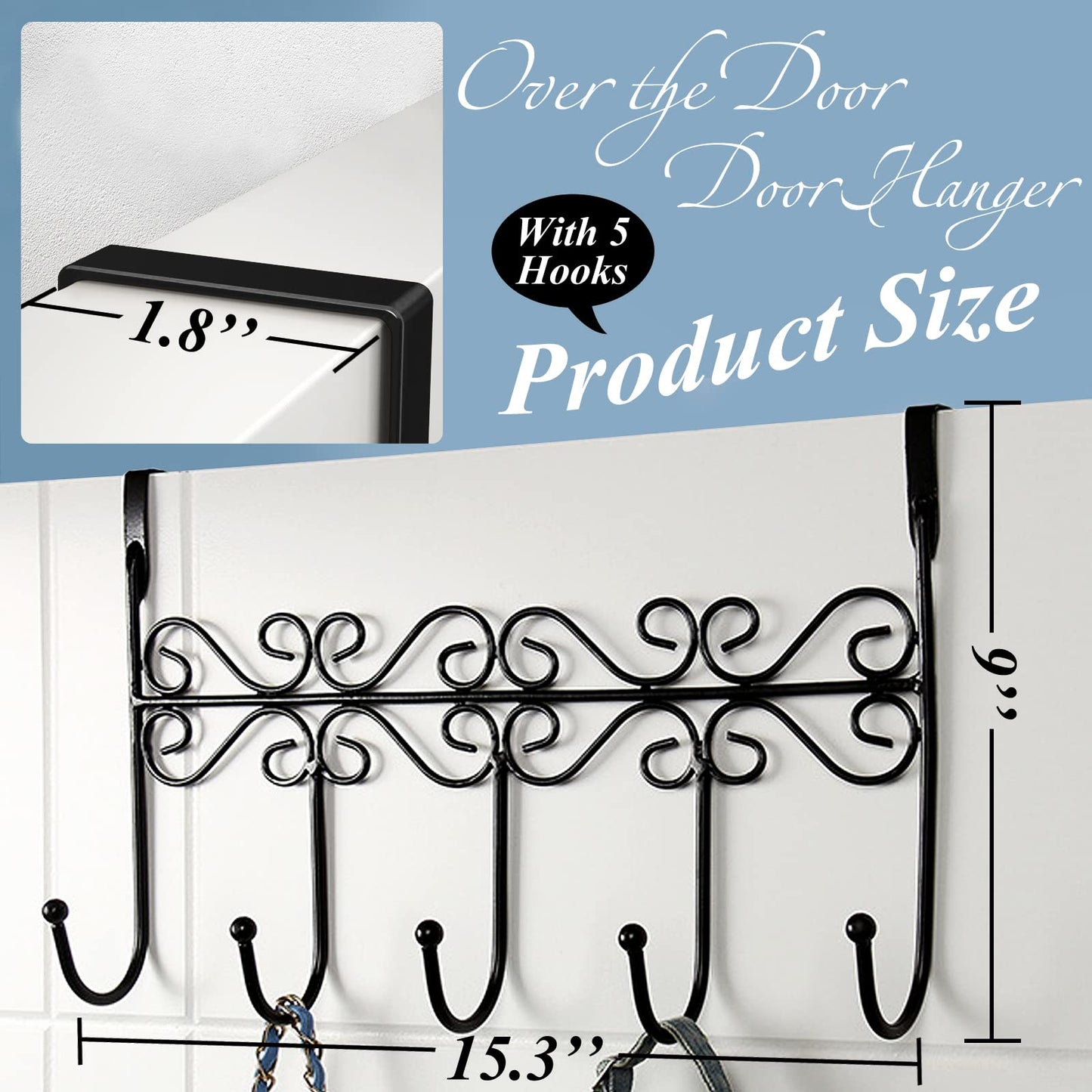 Youdepot Over The Door Hook Over Door Coat Rack Over Door Towel Rack Door Hooks,Door Hanger Hook of Bathroom,Clothes,Belt, Hat,Behind Back of Bathroom, Towel Hanger 2 Pieces 5 Hooks, Black.