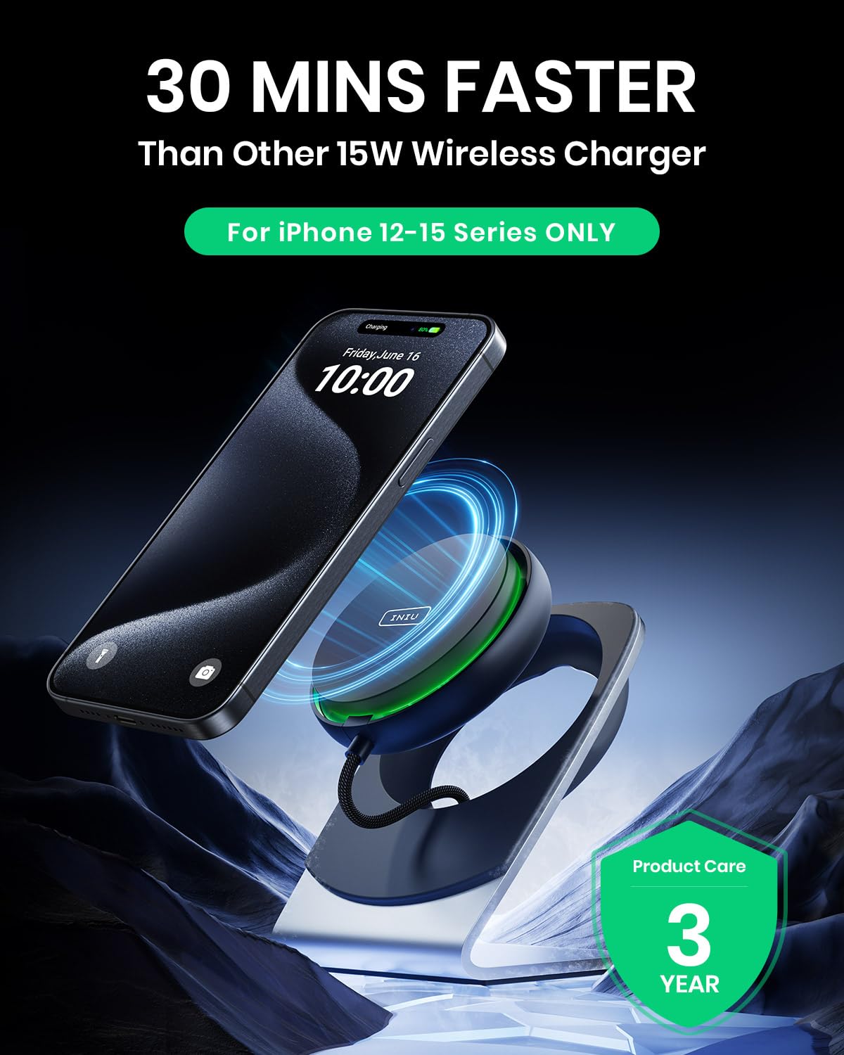 INIU for Magsafe Charger, 15W Fast Charging Magnetic Wireless Charger Stand, Wireless Charging Station with Sleep-Friendly Adaptive Light and Cooling Fan, for iPhone 15/14/13/12 Series, Airpods