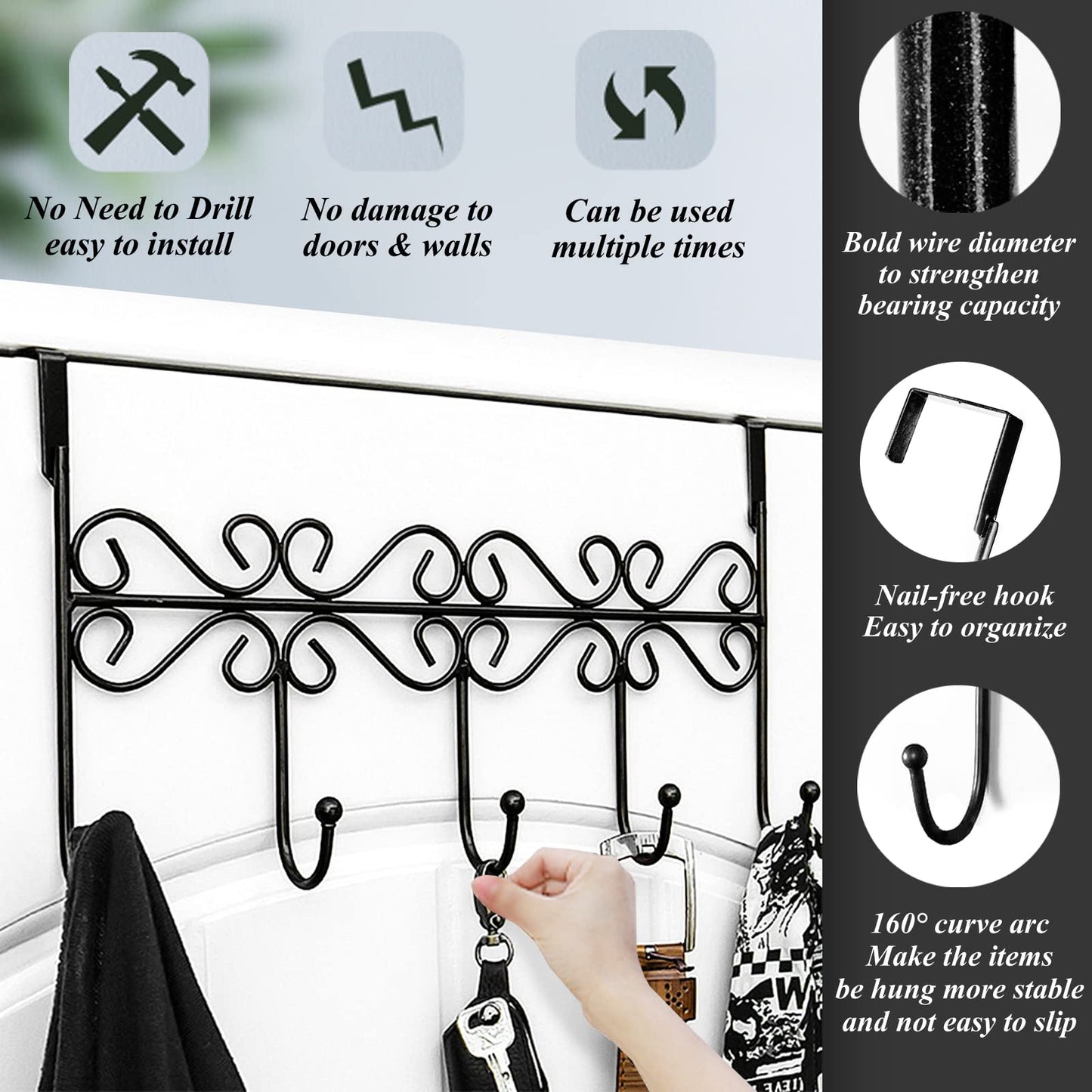 Youdepot Over The Door Hook Over Door Coat Rack Over Door Towel Rack Door Hooks,Door Hanger Hook of Bathroom,Clothes,Belt, Hat,Behind Back of Bathroom, Towel Hanger 2 Pieces 5 Hooks, Black.