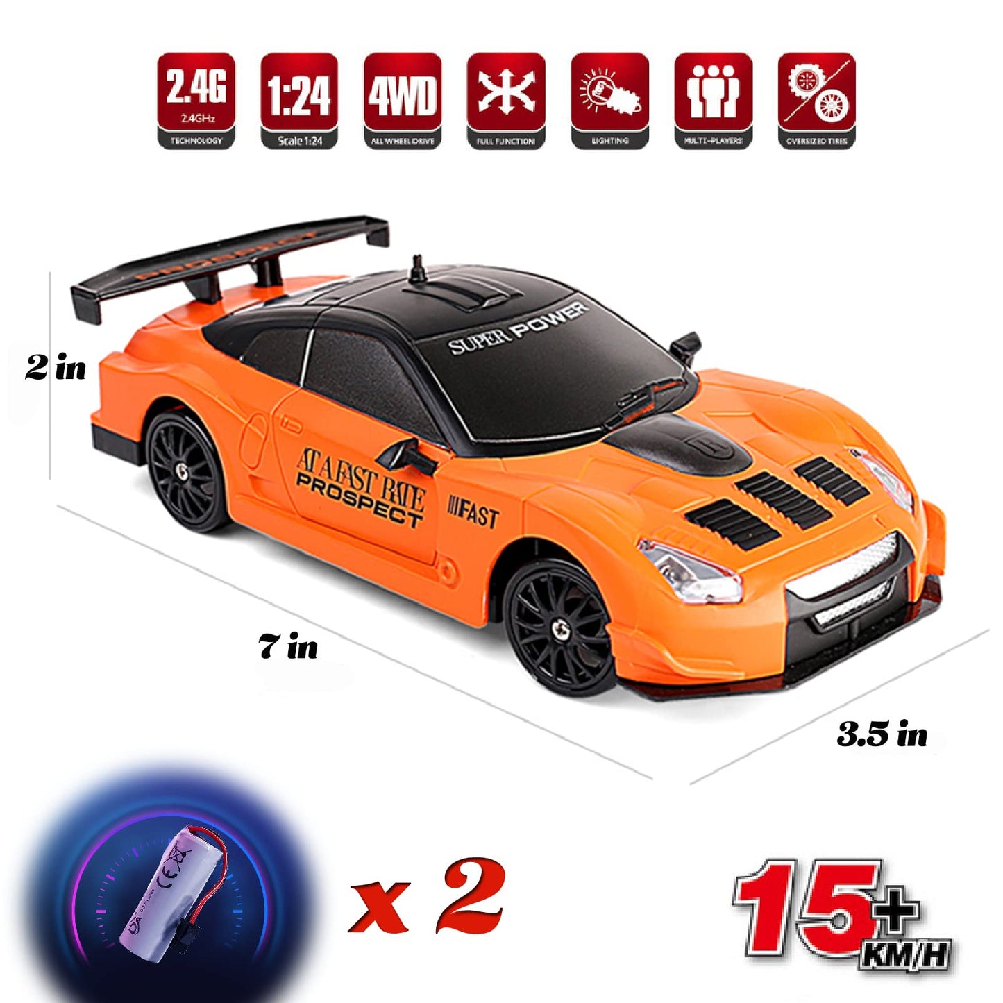 YUAN PLAN Remote Control Car, Drift RC Car 1/24 2.4GHz 4WD High Speed Orange RC Vehicle Cars Toys with LED Light and Drift Tires USB Charging for Boys and Girls Teens and Adults Gift