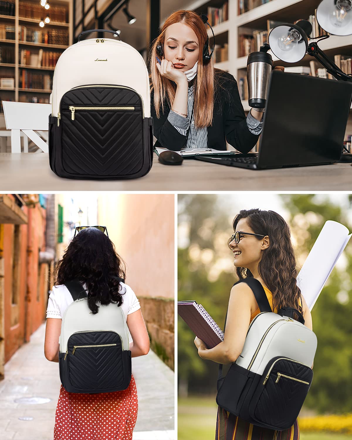 LOVEVOOK Laptop Backpack for Women, 15.6 Inch Backpack Purse with USB Port, Waterproof Travel Business Work Laptop Bag, Fashion Doctor Professor Nurse Backpack, Beige-Black