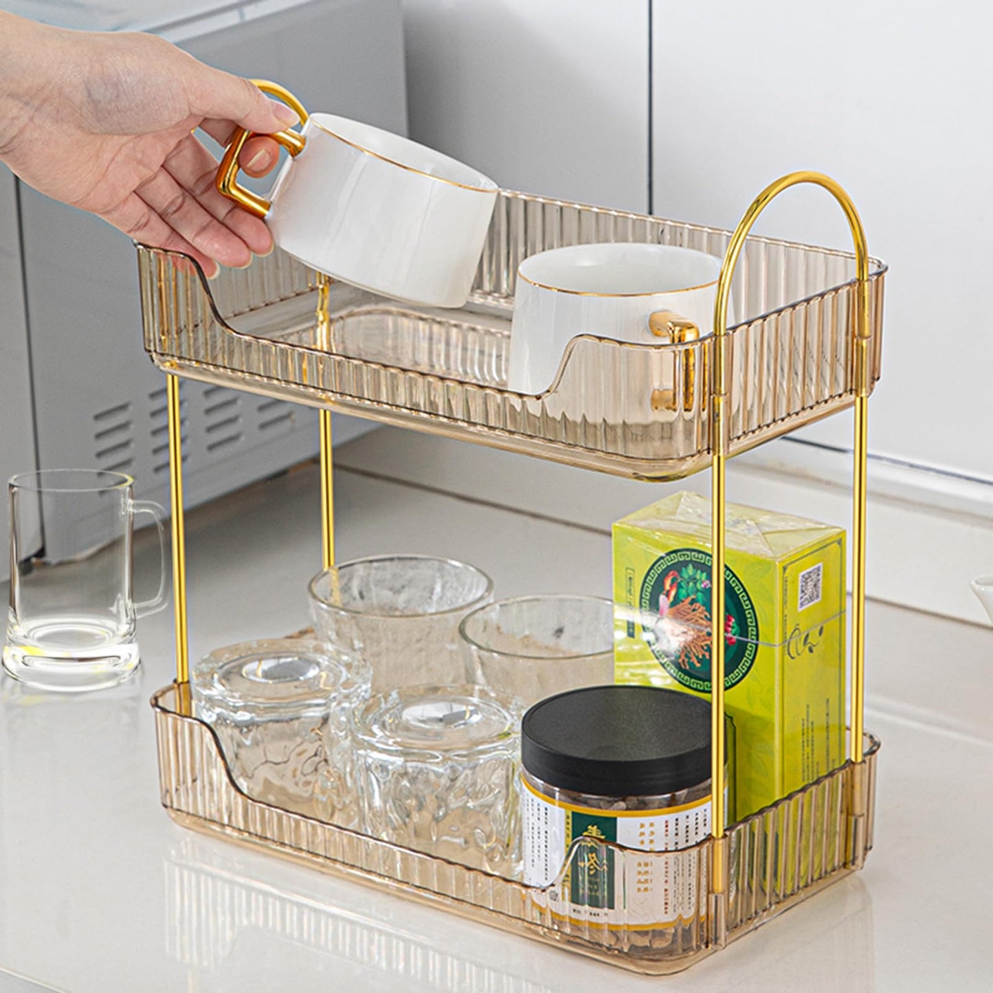 COMVTUPY Bathroom Counter Organizer Countertop Storage Cosmetics Skincare Shelf Organizer Makeup Organizer Perfume for Dresser Vanity Tray Spice Rack Organizer for Kitchen(2 Tier-Amber)