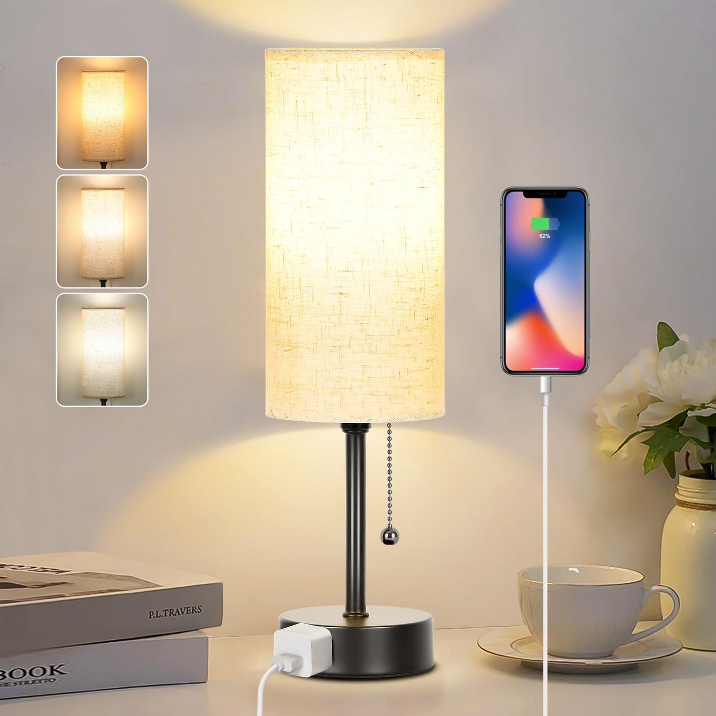Table Lamp for Bedroom, 3-Color Bedside Lamps with Pull Chain, AC Outlet Bulb Included