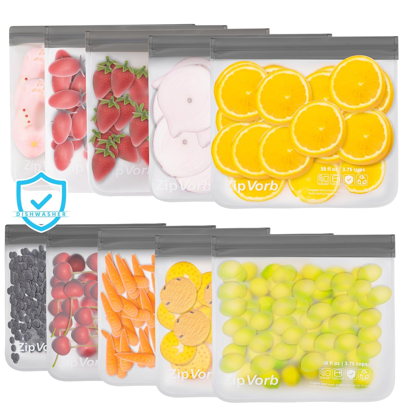 Reusable Freezer Bags 10-Pack – Leakproof, Dishwasher Safe, Grey