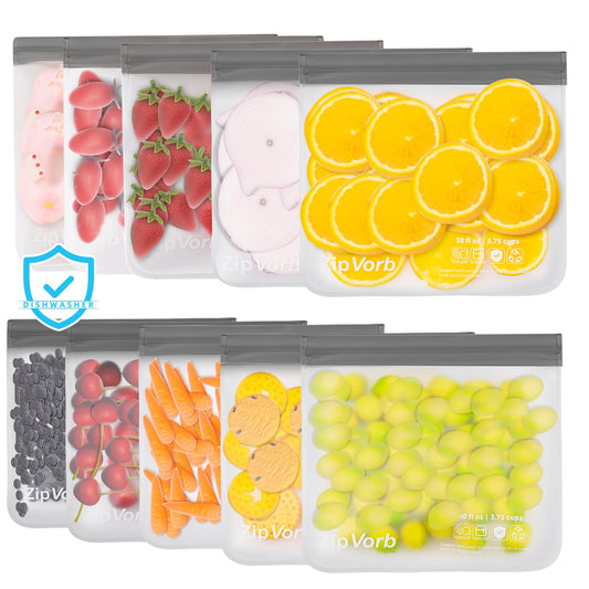 Reusable Freezer Bags 10-Pack – Leakproof, Dishwasher Safe, Grey