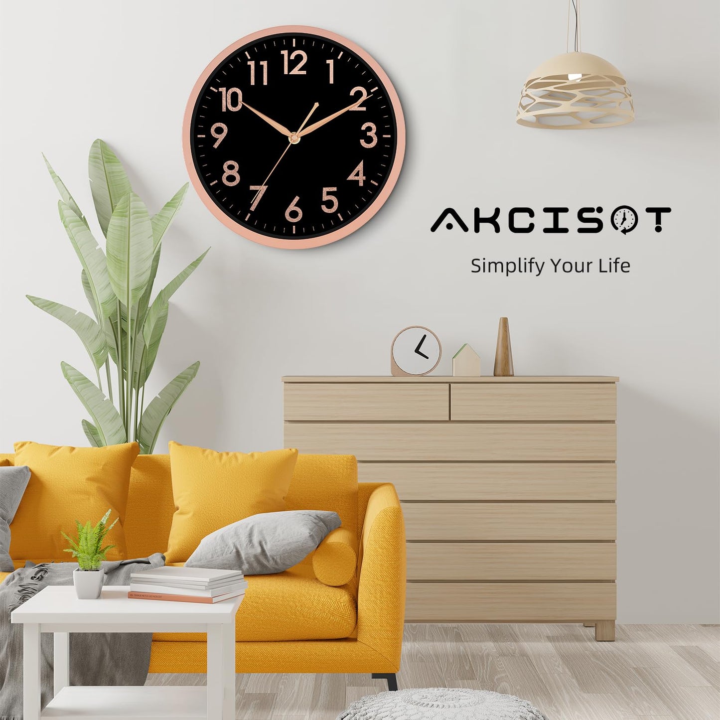 AKCISOT 14 Inch Wall Clock, Modern Large Wall Clocks Battery Operated, Analog Silent Non Ticking Clock Decorate for Living Room, Office, Bedroom, Bathroom, Kitchen(Rose Gold Black)