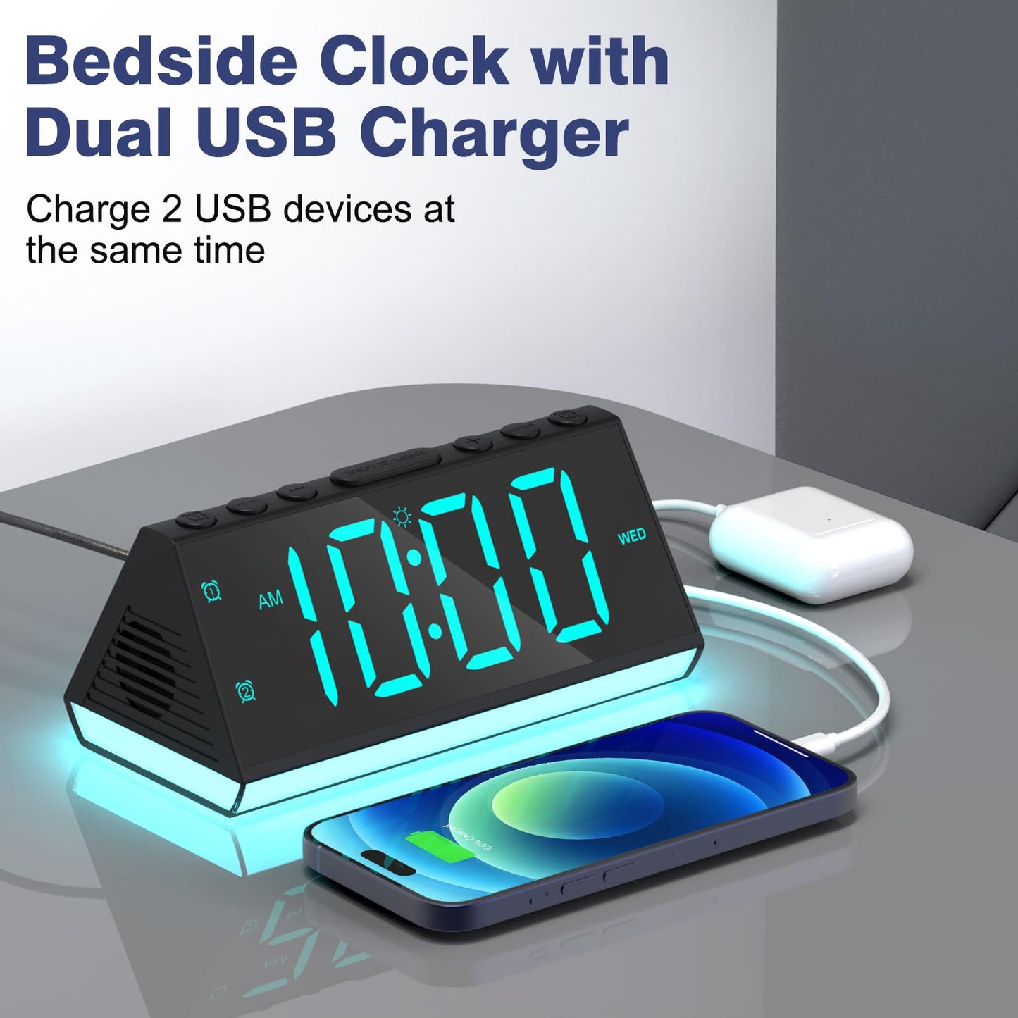 Alarm Clocks for Bedrooms, Digital Kids Alarm Clock Night Light with USB Chargers, Large Number, Dimmer, Dual Alarm, Loud Bedside Clock for Heavy Sleepers Teens Living Room Desk Nightstand, Plug-in