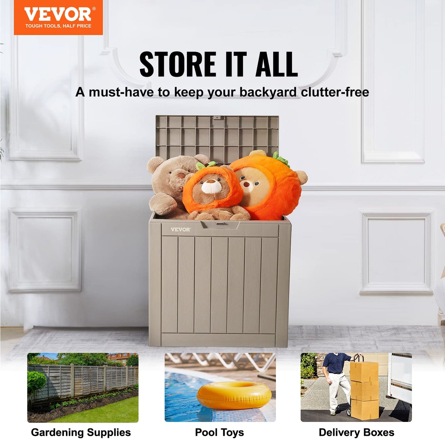 VEVOR Deck Box, 31 Gallon Outdoor Storage Box, 22.1" x 17.1" x 20.9", Waterproof PP Deckbox with Aluminum Alloy Padlock, for Patio Furniture, Pool Toys, Garden Tools, Outdoor Cushions, Gray