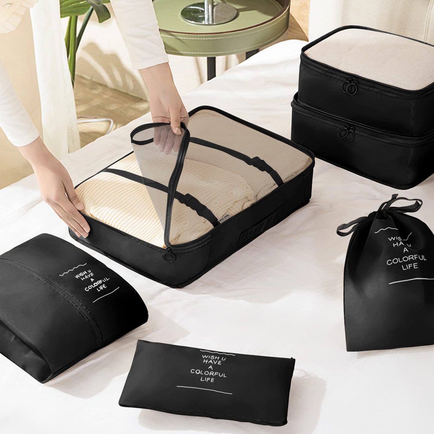 7 Set Packing Cubes for Travel, Travel Luggage Packing Organizers, Travel Accessories Large Toiletries Bag for Clothes Shoes Cosmetics Toiletries (Black)
