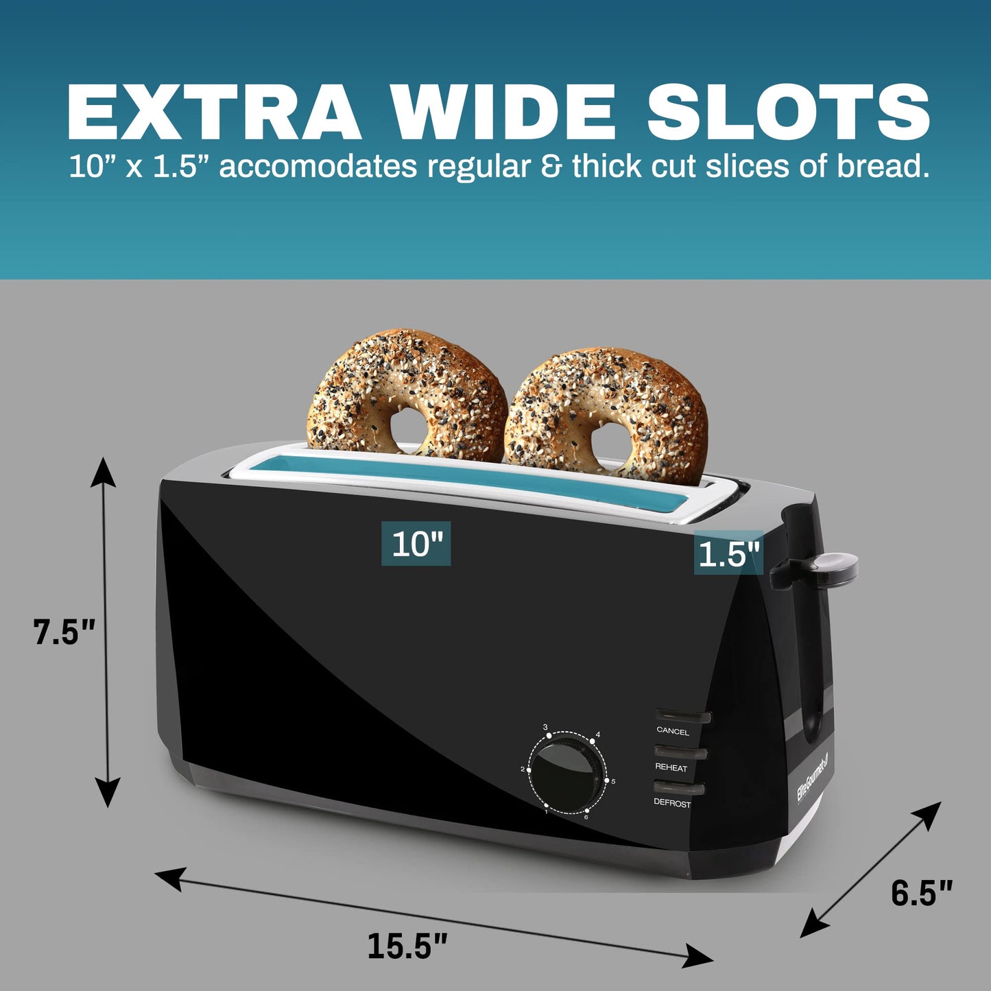 Elite Gourmet ECT4829B Long Slot 4 Slice Toaster, 6 Toast Settings Toaster Defrost, Reheat, Cancel Functions, Slide Out Crumb Tray, Extra Wide Slots for Bagels Waffles, Black